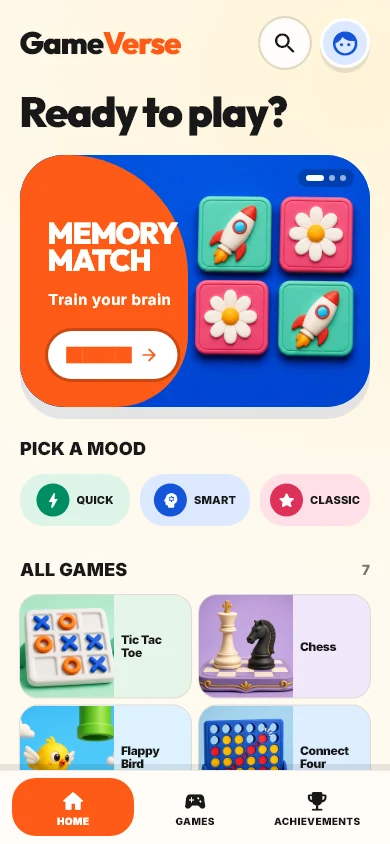 The real GameVerse home screen with featured games and the game collection
